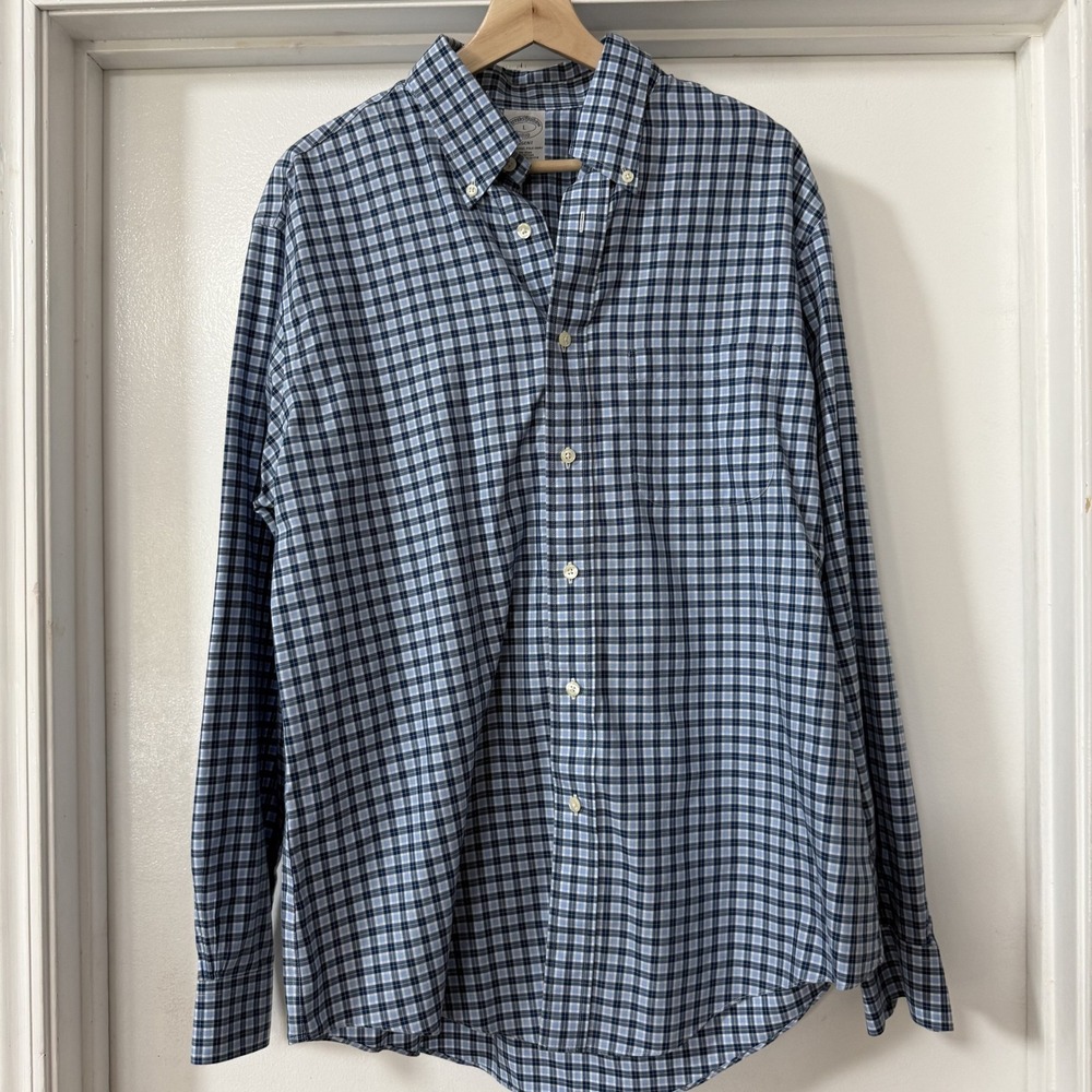 Brooks Brothers Button Down Blue Mens Large Plaid Excellent Condition